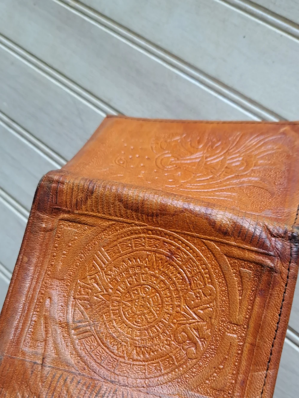 Vintage Handmade Mexican Tooled Leather Trifold Wallet Aztec Mayan Eagle Boho